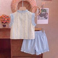 Girls Light Blue Floral Print Sleeveless Top With Elasticated Shorts Sets 2 pc. Sets