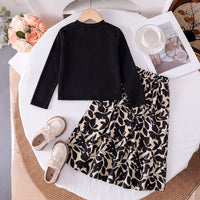 Girls Black Ribbed Long Sleeve Top With Skirt Sets 2 pc. Sets