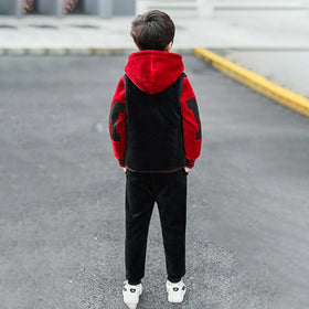 Boys Red Patch Embroidered Hoodie With Sleeveless Jacket & Jogger Sets Sets