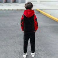 Boys Red Patch Embroidered Hoodie With Sleeveless Jacket & Jogger Sets Sets