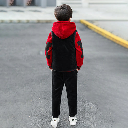 Boys Red Patch Embroidered Hoodie With Sleeveless Jacket & Jogger Sets Sets