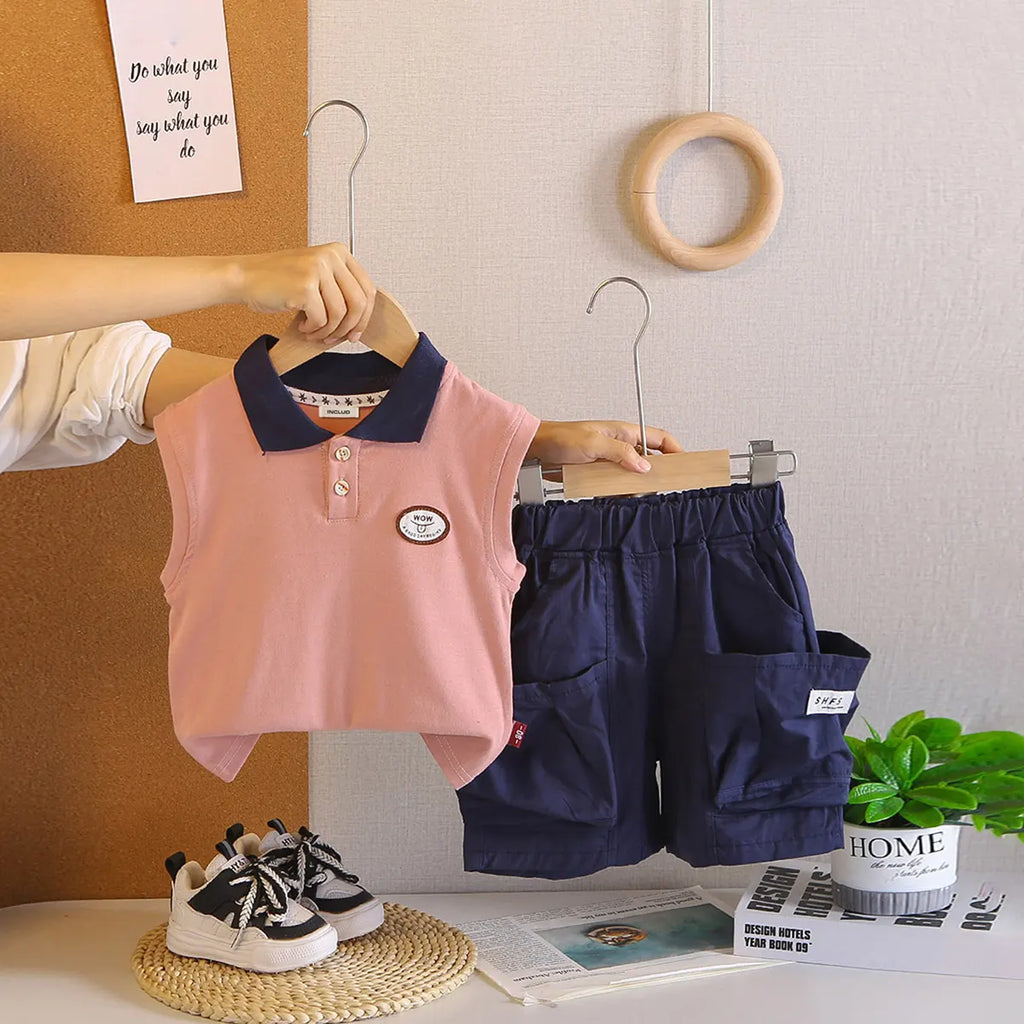 Boys Dark Pink Sleeveless Polo-T-Shirt With Cargo Shorts Sets Sets Dark Pink 1-2 Y