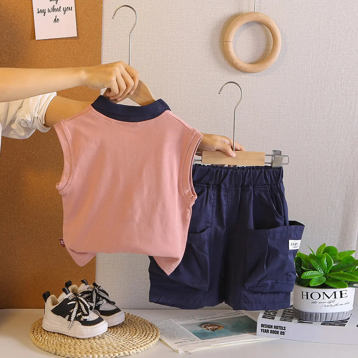 Boys Dark Pink Sleeveless Polo-T-Shirt With Cargo Shorts Sets Sets