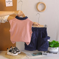 Boys Dark Pink Sleeveless Polo-T-Shirt With Cargo Shorts Sets Sets