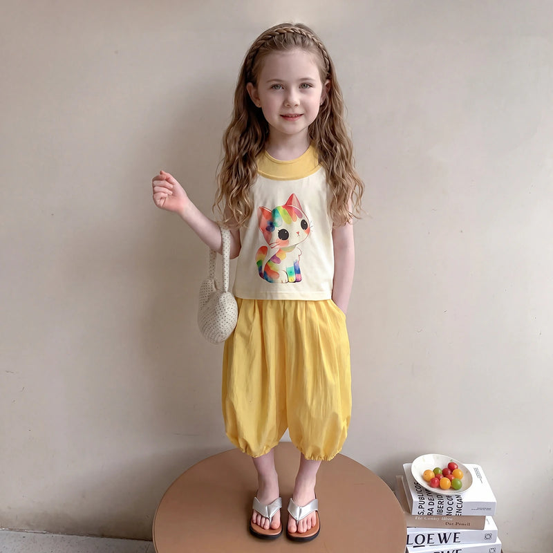 Girls Yellow Cat Graphic Sleeveless Top With Elasticated Pants Sets 2 pc. Sets Yellow 1-2 Y