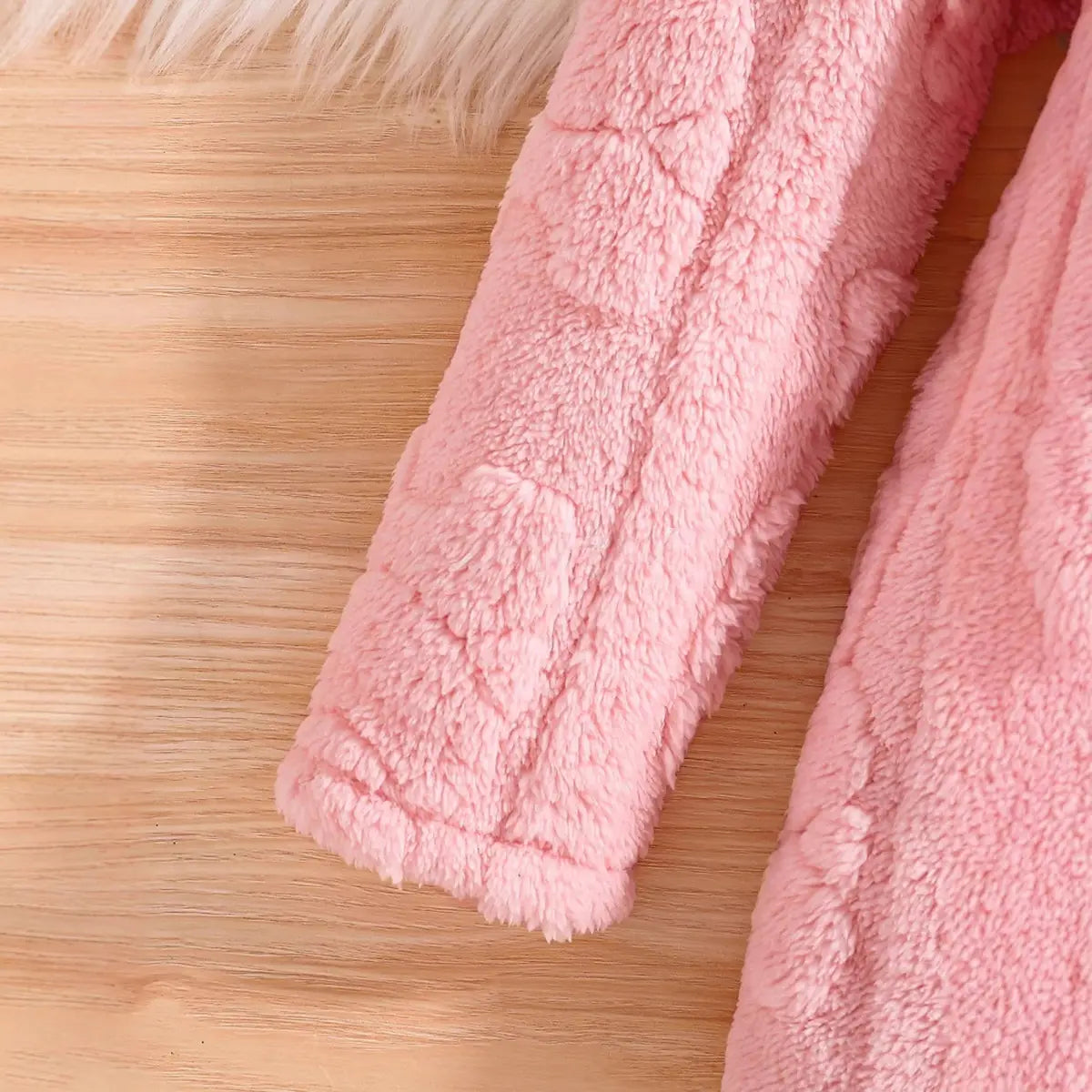 Girls Pink Fleece Hooded Jacket With Self-Design Bear Patterns Coats & Jackets