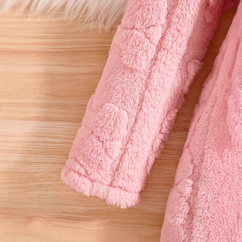 Girls Pink Fleece Hooded Jacket With Self-Design Bear Patterns Coats & Jackets