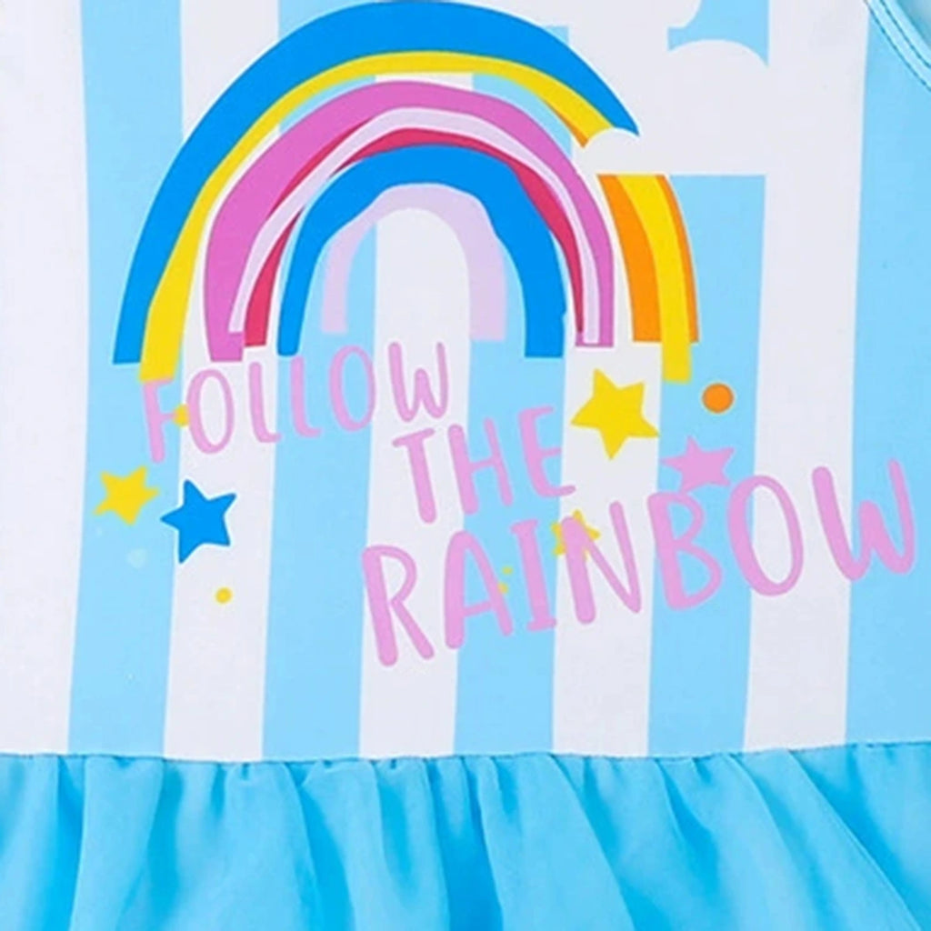 Girls Light Blue Typographic Print Tulle Overlay Swimwear Bodysuit Beachwear