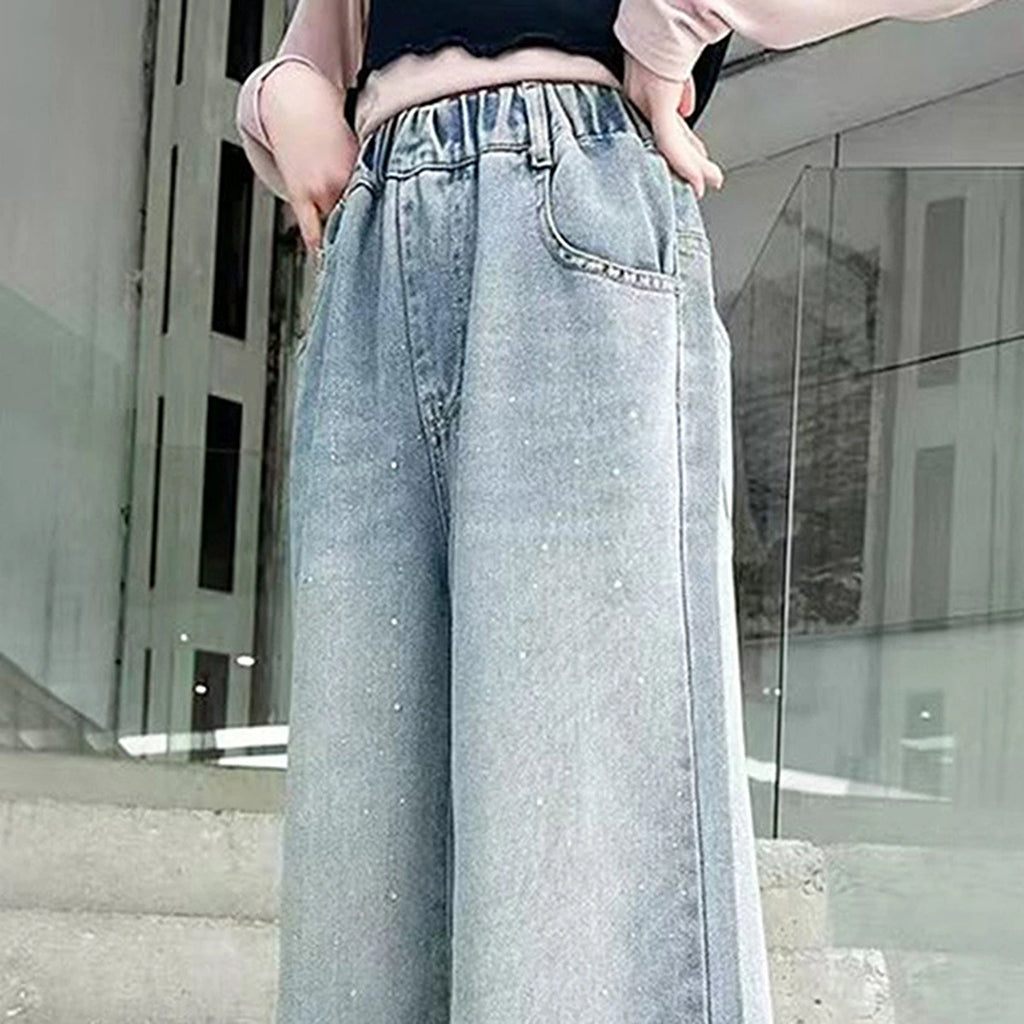 Girls Light Blue Rhinestone Embellished Loose Fit Denim Jeans Pants