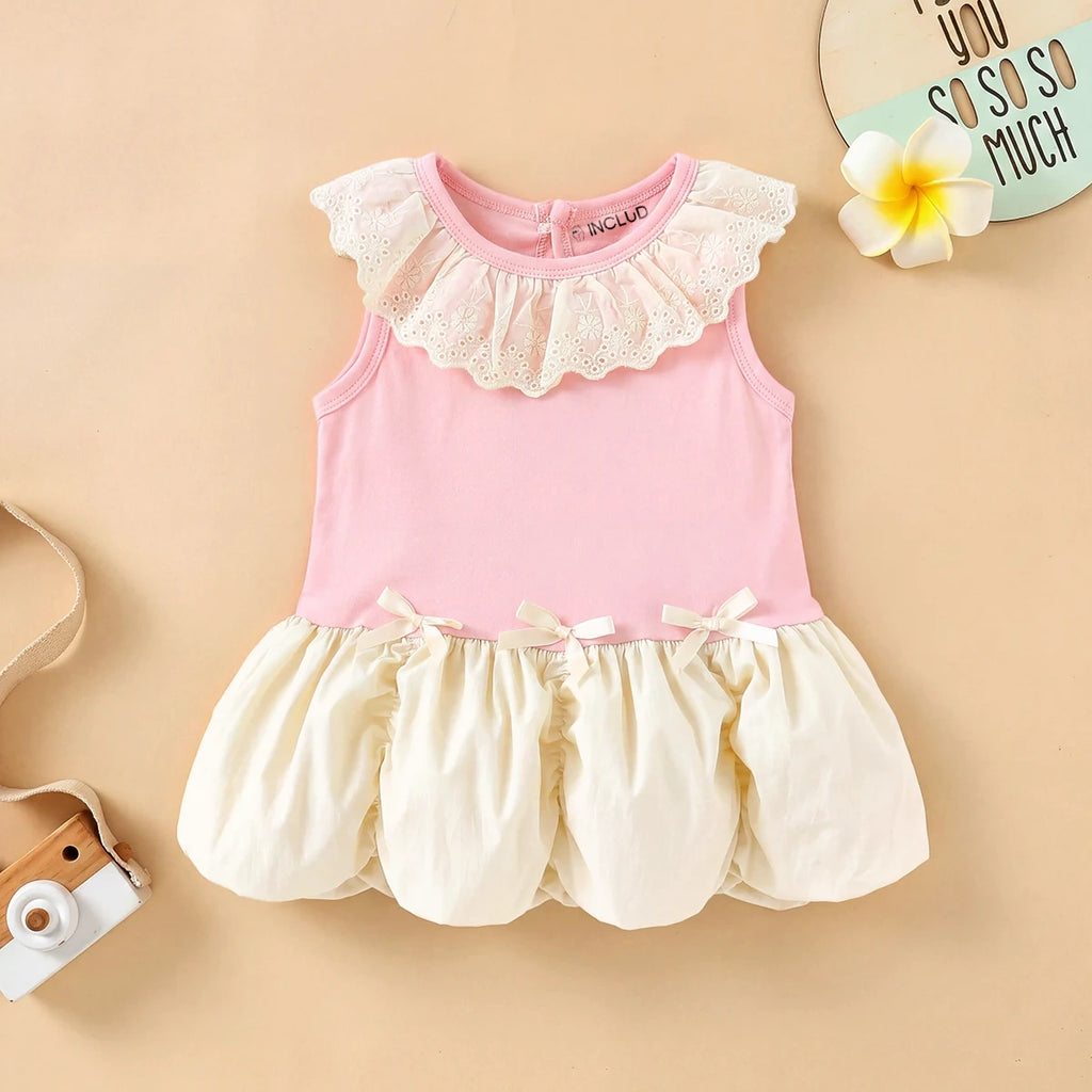 Girls Pink Sleeveless Bubble Hem Dress With Bow Details Casual Dresses Pink 1-2 Y