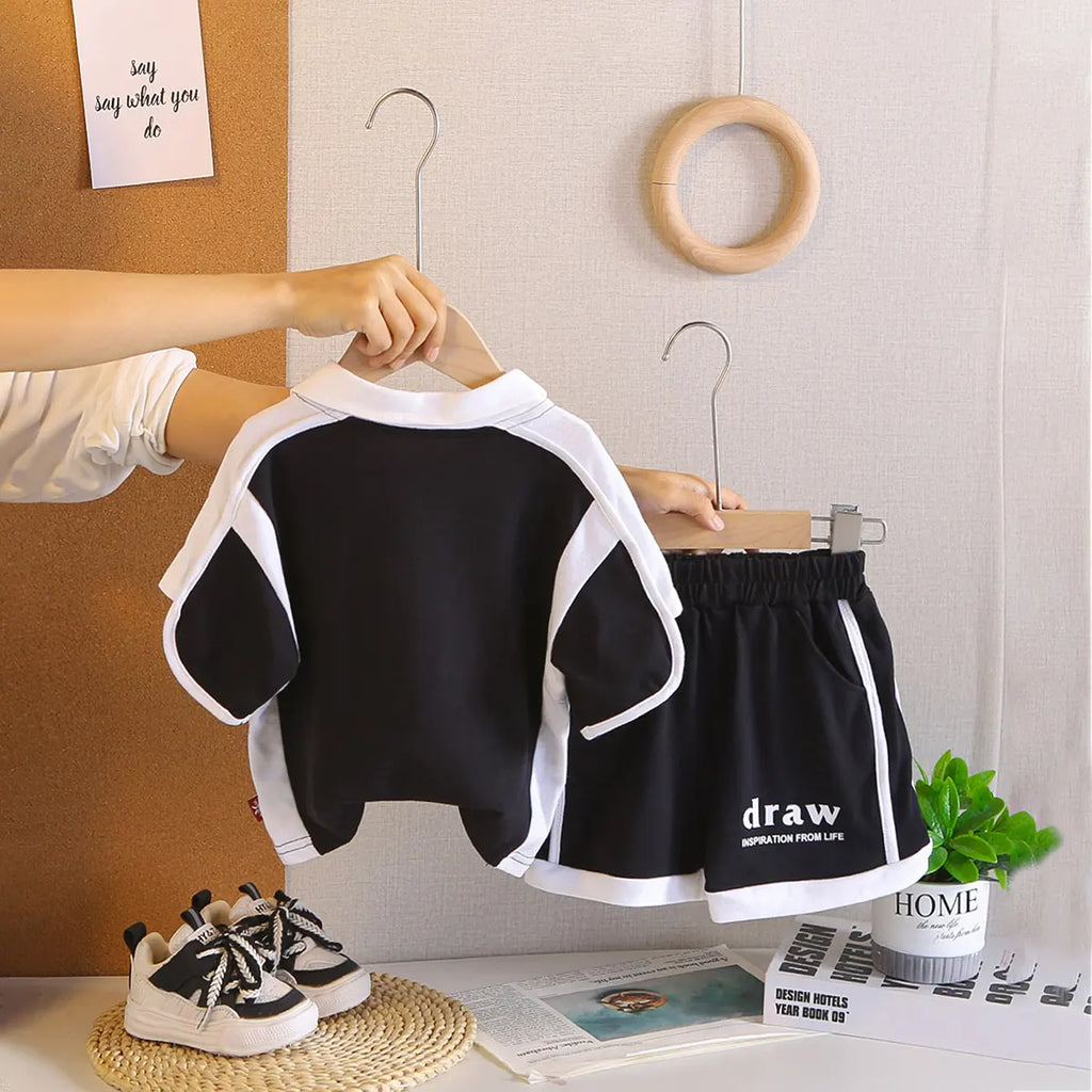 Boys Black Typographic Printed Polo T-Shirt With Shorts Co-ord Sets Sets