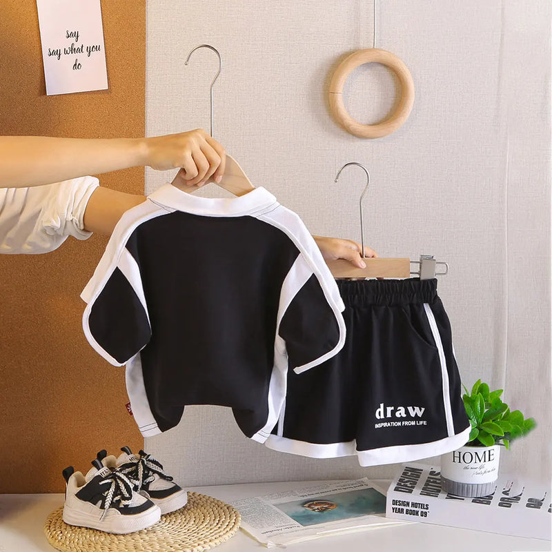 Boys Black Typographic Printed Polo T-Shirt With Shorts Co-ord Sets Sets