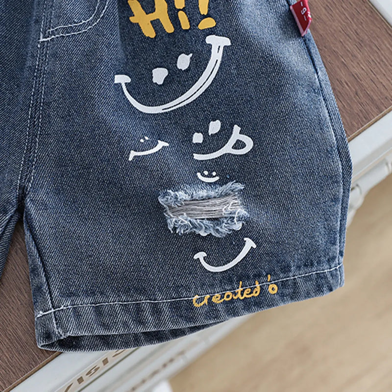Boys Brown Short Sleeves T-Shirt With Printed Denim Shorts Set Sets