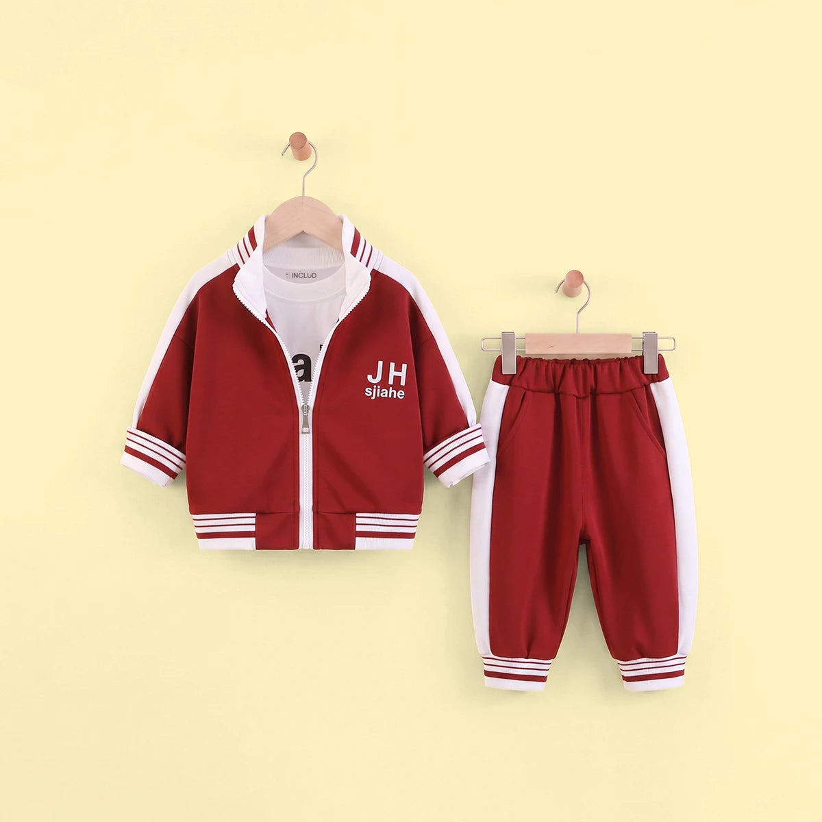Boys Red Typographic Printed Front Open Jacket With T-Shirt & Joggers Set Sets Red 1-2 Y