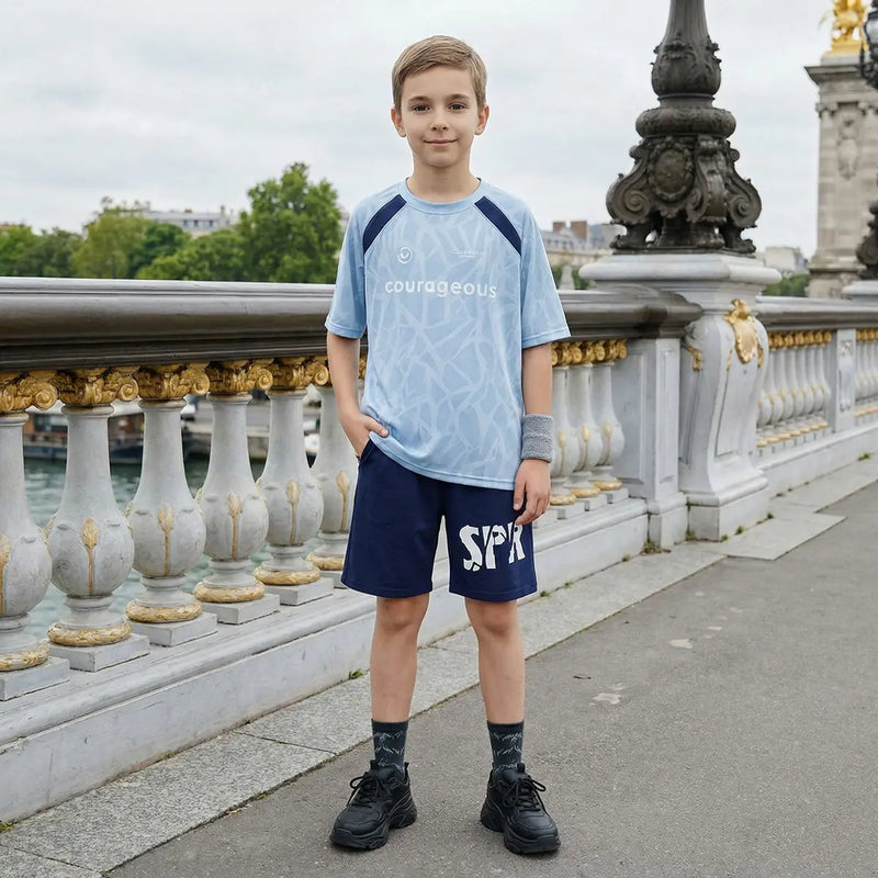 Boys Light Blue Typographic Print Short Sleeves T-Shirt With Shorts Set Sets Light Blue 5-6 Y