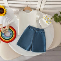 Girls White Graphics Top With Embroidered Denim Short Sets Sets