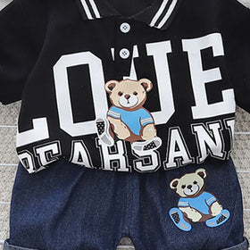 Boys Black Bear Printed Polo Polo T-Shirt With Denim Shorts Sets 2 pc. Sets