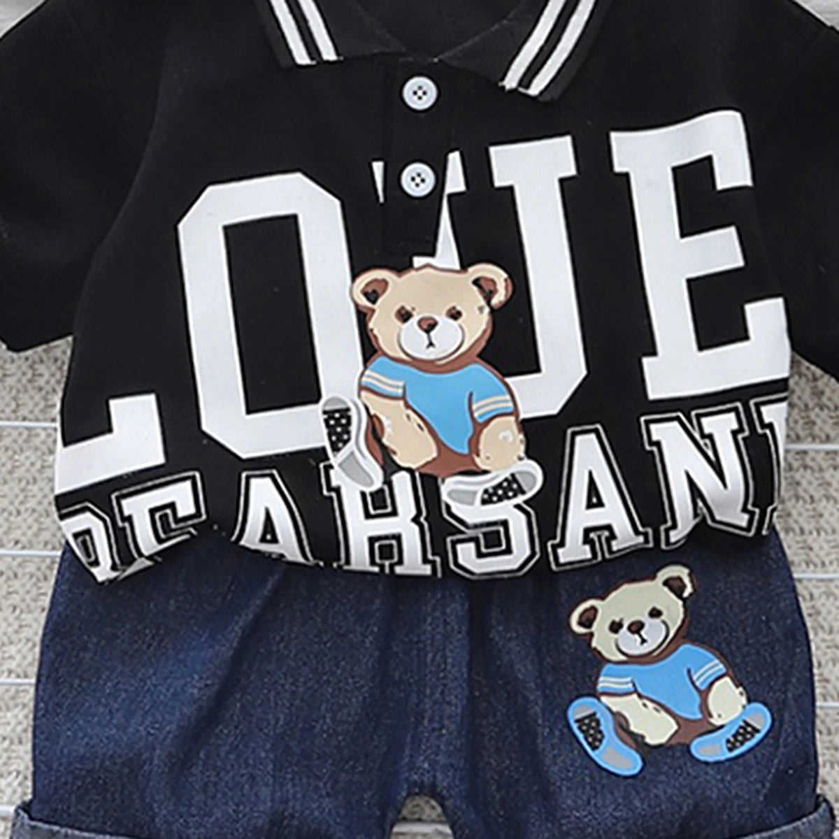 Boys Black Bear Printed Polo Polo T-Shirt With Denim Shorts Sets 2 pc. Sets
