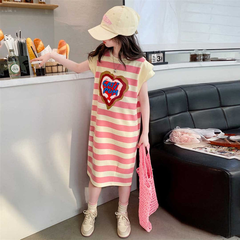 Girls Striped Heart Print Caps Sleeves A-Line Dress Casual Dresses   