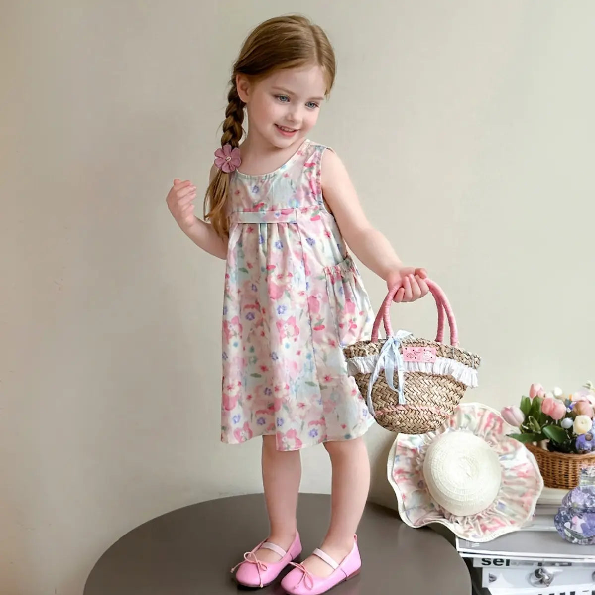 Girls Pink Floral Print Sleeveless A-Line Casual Dress Casual Dresses Pink 1-2 Y