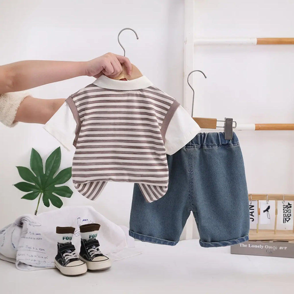 Boys Brown Striped Short Sleeve Polo T-Shirt With Elasticated Denim Shorts 2 pc. Sets