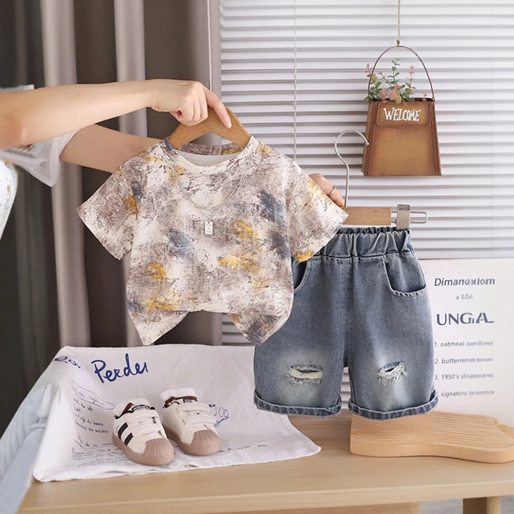 Boys Beige Abstract Printed Short Sleeve T-Shirt with Distressed Denim Shorts Sets 2 pc. Sets Beige 1-2 Y