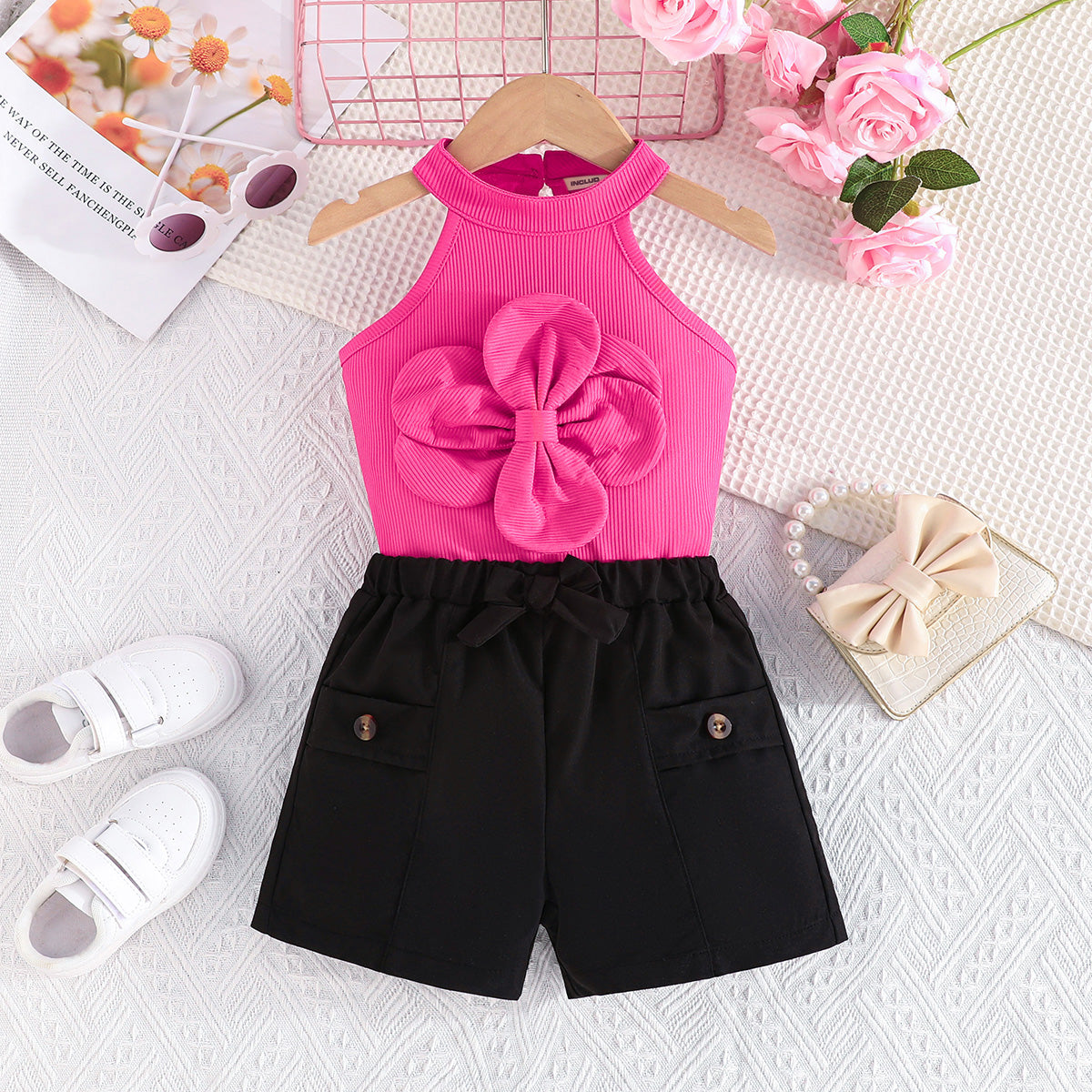 Girls Pink Halter Neck Top With Elasticated Short Set 2 pc. Sets