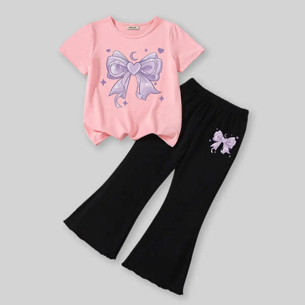 Girls Pink Graphics Bow Printed T-Shirt With Flared Pants Sets Sets