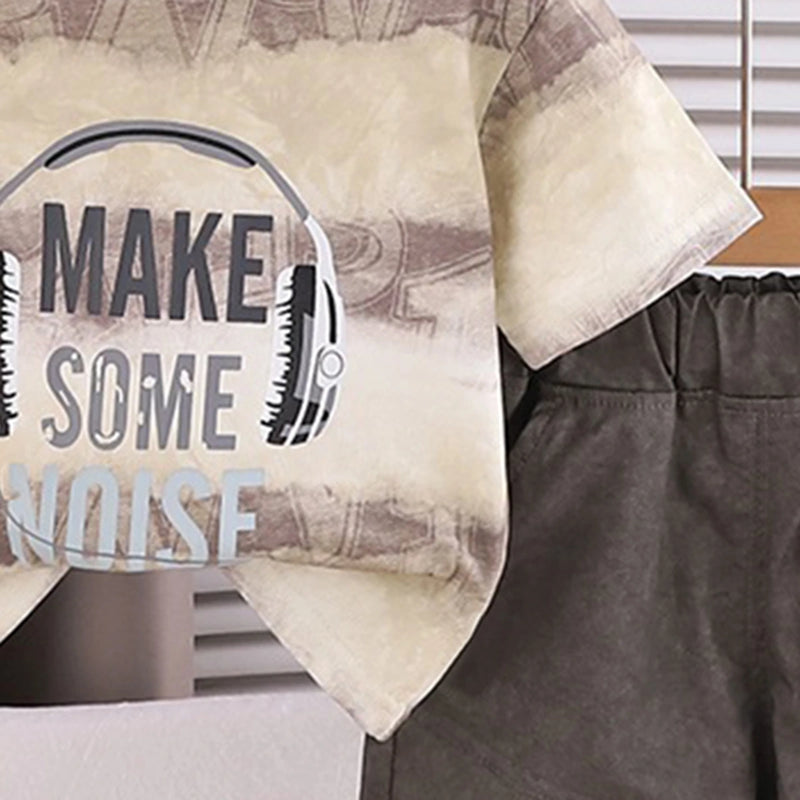 Boys Beige Headphone Graphic Printed Short Sleeve T-Shirt With Shorts Sets 2 pc. Sets