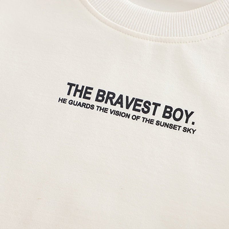 Boys Beige Typographic Printed Shacket With T-Shirt and Pants Set 3 pc. Sets