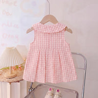 Girls Light Pink Checked Rabbit Applique Sleeveless A-Line Dress Casual Dresses