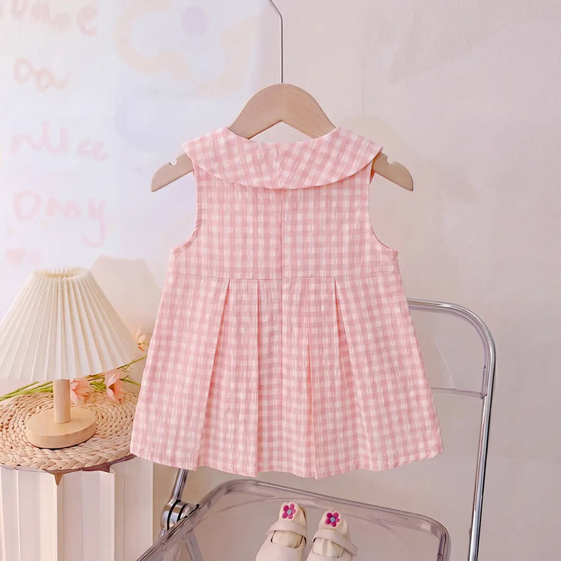 Girls Light Pink Checked Rabbit Applique Sleeveless A-Line Dress Casual Dresses