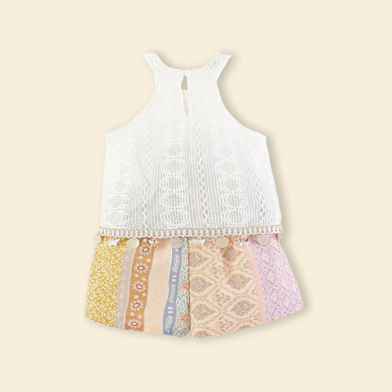 Girls White Lace Halter Top With Printed Shorts Sets Sets