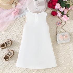 Girls White Sleeveless A-line Dress With Large 3D Flowers Applique Casual Dresses