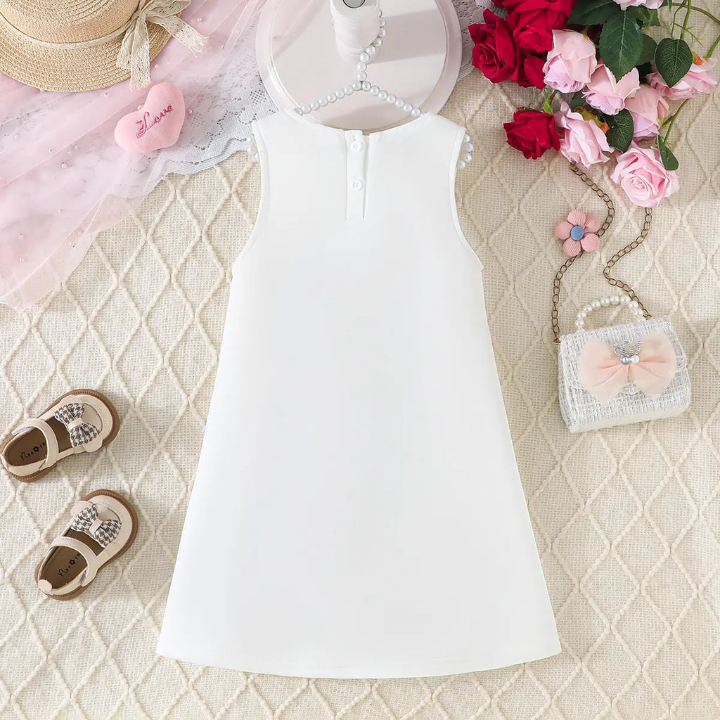 Girls White Sleeveless A-line Dress With Large 3D Flowers Applique Casual Dresses