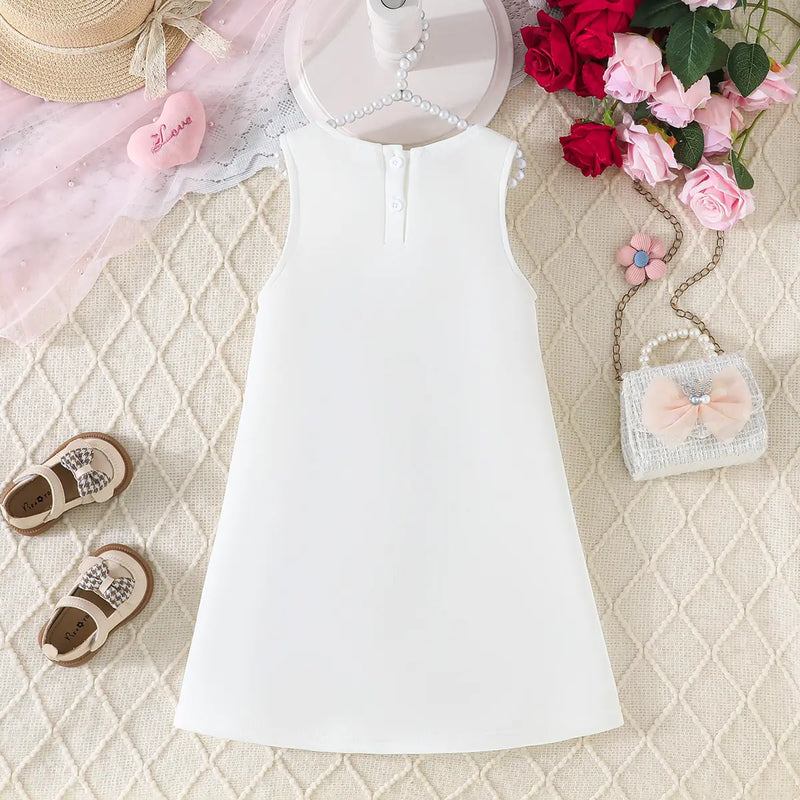 Girls White Sleeveless A-line Dress With Large 3D Flowers Applique Casual Dresses