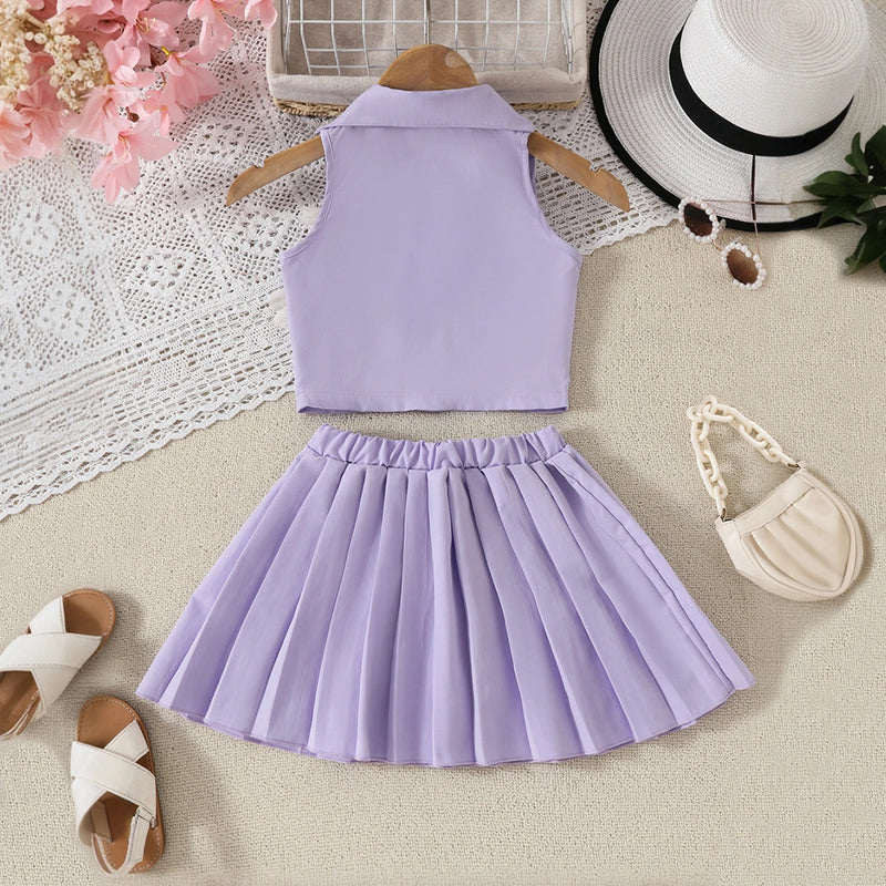 Girls Purple Flower Applique Sleeveless Top With Pleated Skirt Sets Sets