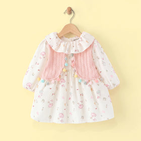 Girls Pink Peter Pan Collar Floral Print A-Line Dress Casual Dresses Pink 1-2 Y