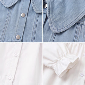 Girls White Long Sleeve Shirt Dress With Denim Vest Casual Dresses