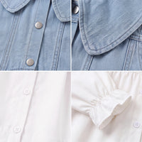 Girls White Long Sleeve Shirt Dress With Denim Vest Casual Dresses