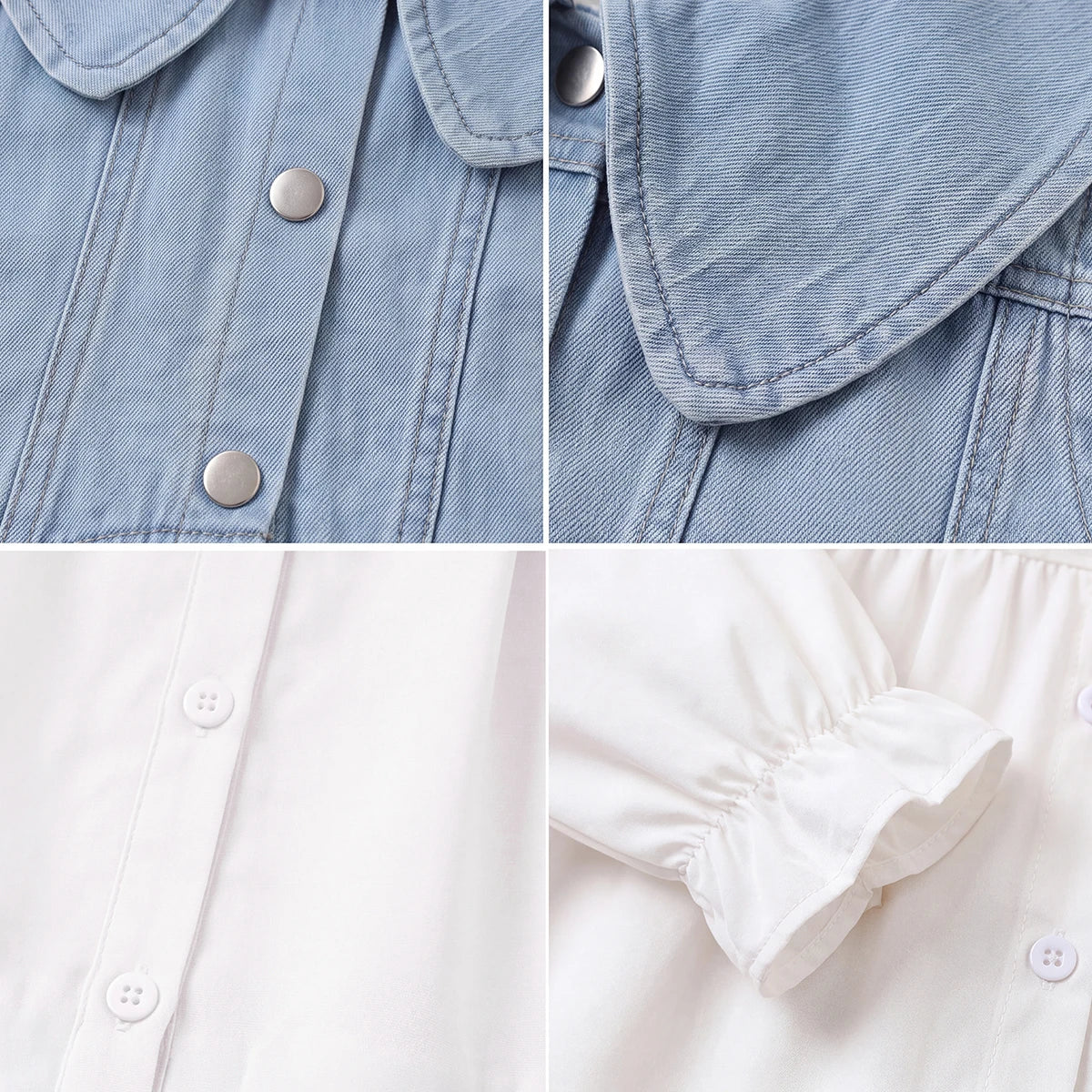Girls White Long Sleeve Shirt Dress With Denim Vest Casual Dresses