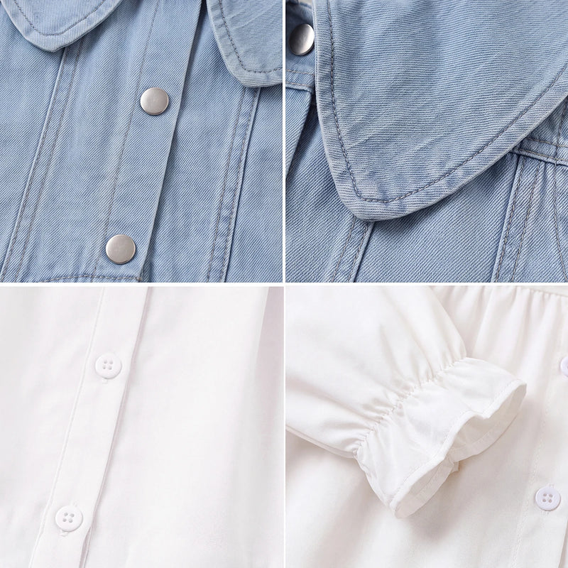 Girls White Long Sleeve Shirt Dress With Denim Vest Casual Dresses