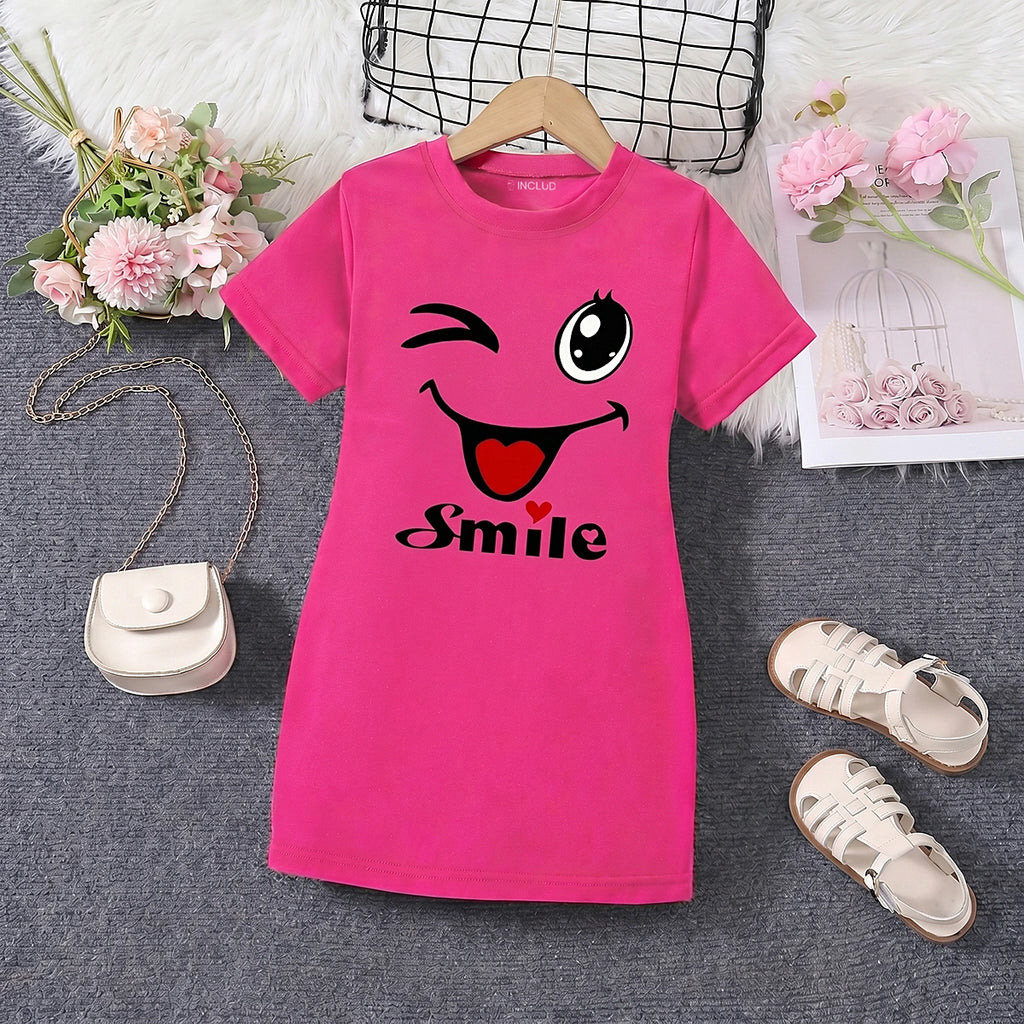 Girls Fuchsia Smile Print Short Sleeve T-Shirt Dress Casual Dresses Fuchsia 4-5 Y