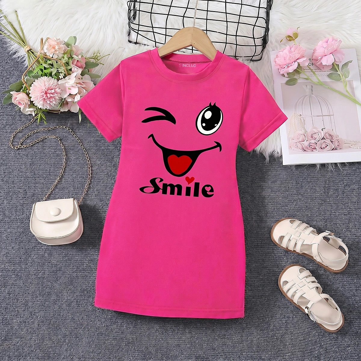 Girls Fuchsia Smile Print Short Sleeve T-Shirt Dress Casual Dresses Fuchsia 4-5 Y