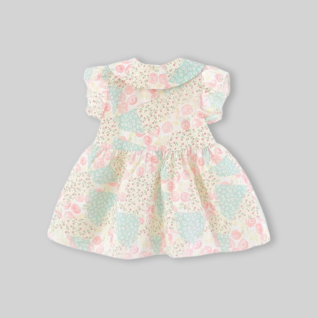 Girls Beige Floral Print Peter Pan Collar Fit And Flare Dress Casual Dresses