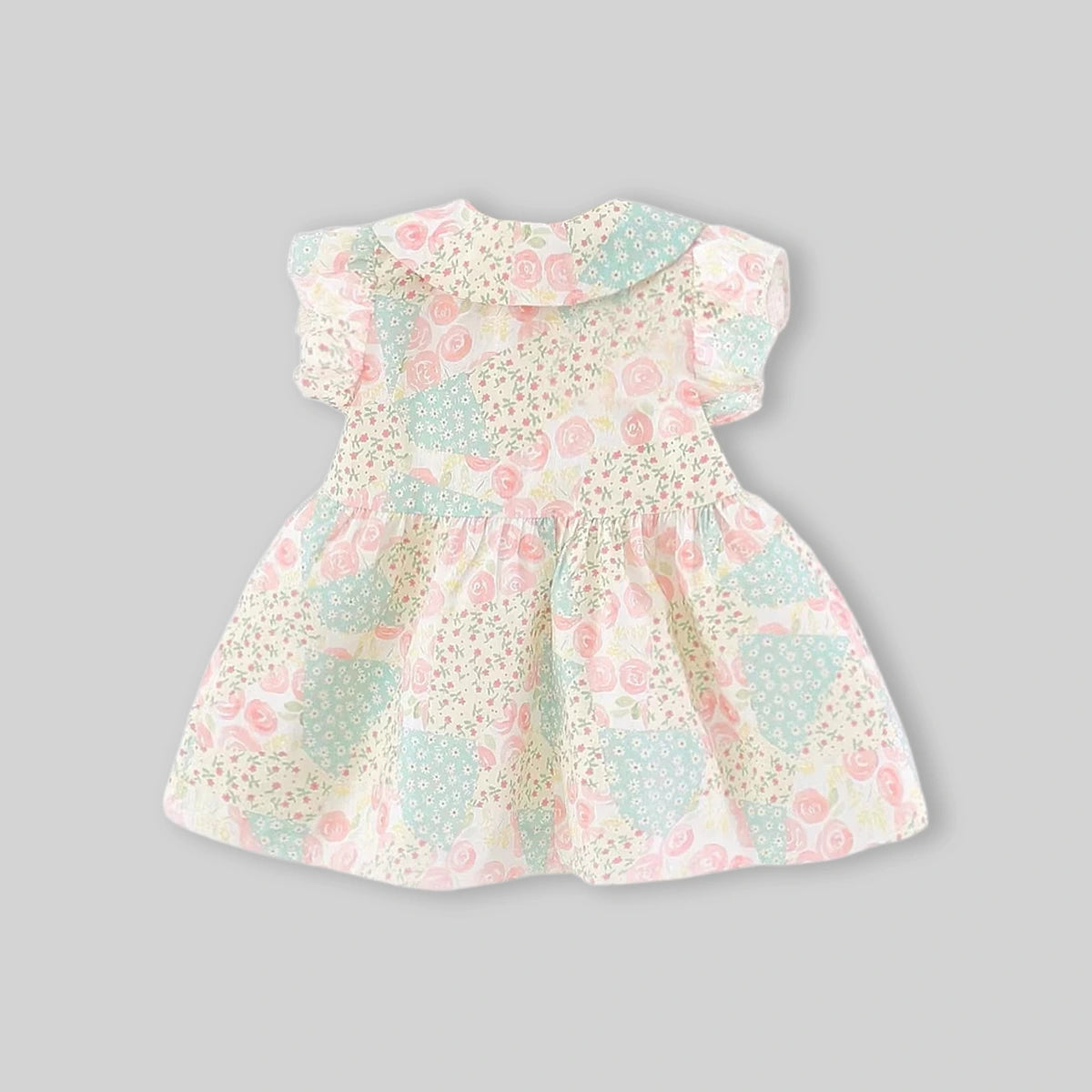 Girls Beige Floral Print Peter Pan Collar Fit And Flare Dress Casual Dresses