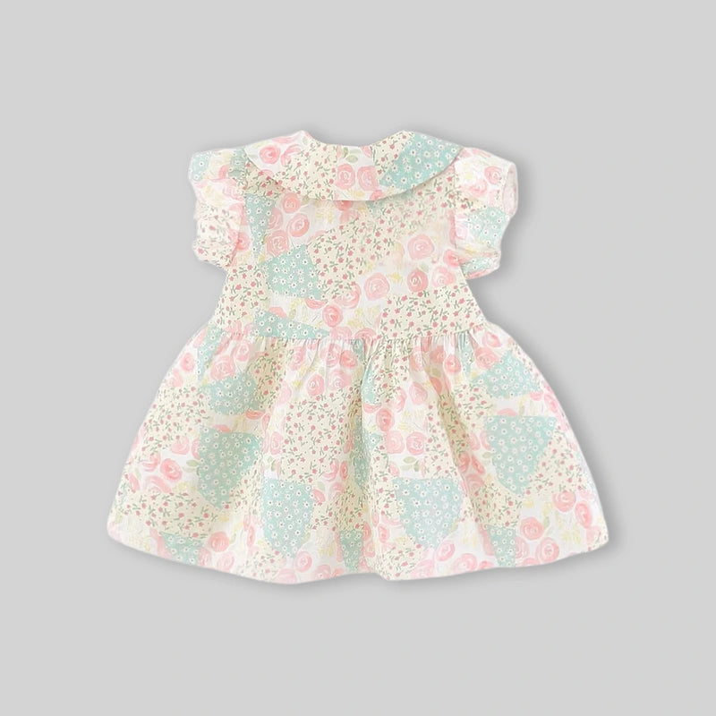 Girls Beige Floral Print Peter Pan Collar Fit And Flare Dress Casual Dresses