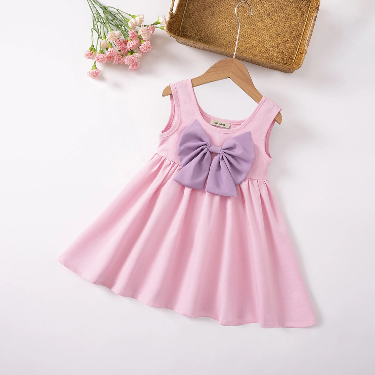 Girls Pink Sleeveless Fit & Flare Dress With Bow Detail Casual Dresses Pink 1-2 Y