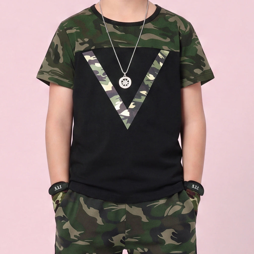 Boys Black Camouflage Print Short Sleeve T-Shirt With Pants Sets 2 pc. Sets