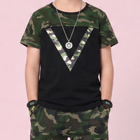 Boys Black Camouflage Print Short Sleeve T-Shirt With Pants Sets 2 pc. Sets